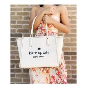 Kate Spade Women Parchment Embossed Logo Pebbled Leather Tote NWT 399$ - Ivory
